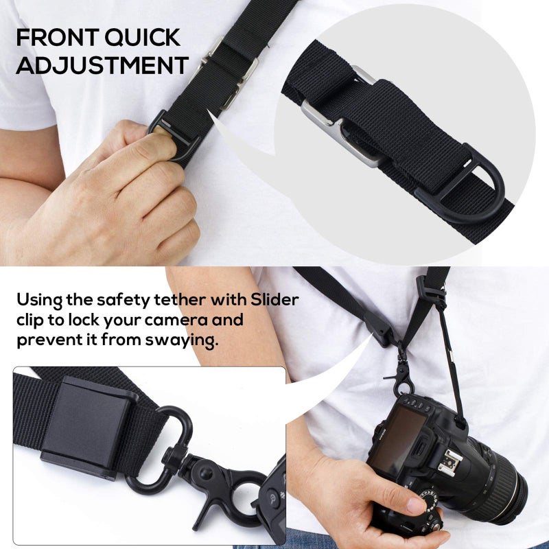 waka Rapid Camera Neck Strap with Quick Release and Safety Tether, Adjustable Camera Shoulder Sling Strap for Nikon Canon Sony Olympus DSLR Camera - Black - Image 4