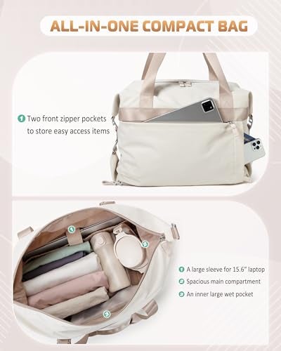 Smasrob Convertible Women Gym Bag with Shoe Compartment and Wet Pocket Women Duffle Bag with Multiple Pockets and Crossbody Shoulder Strap for Travel and Gym Beige - Image 3
