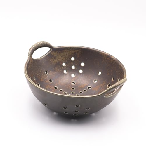 Amitofo 8" Ceramic Berry Colander with Handles, Reactive Glaze Fruit Washing Bowl, Rustic Stoneware Pasta Strainer for Kitchen (Charcoal Grey) - Image 5