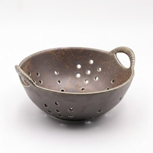 Amitofo 8" Ceramic Berry Colander with Handles, Reactive Glaze Fruit Washing Bowl, Rustic Stoneware Pasta Strainer for Kitchen (Charcoal Grey) - Image 1