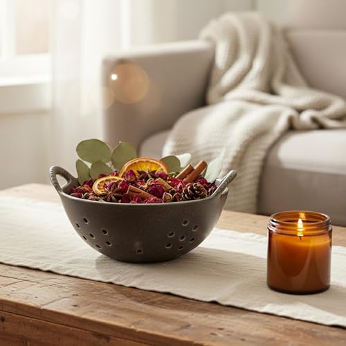 Amitofo 8" Ceramic Berry Colander with Handles, Reactive Glaze Fruit Washing Bowl, Rustic Stoneware Pasta Strainer for Kitchen (Charcoal Grey) - Image 2