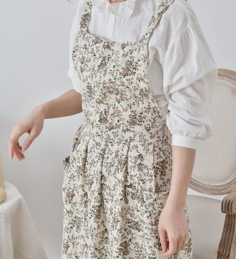 FADUOFA Japanese Cotton Cross Back Apron with Pockets,Fashion Pinafore Dress for Gardening Painting Cleaning Cooking - Image 3
