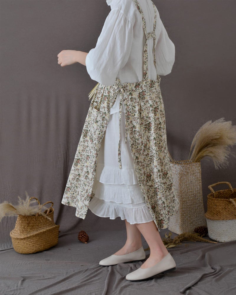 FADUOFA Japanese Cotton Cross Back Apron with Pockets,Fashion Pinafore Dress for Gardening Painting Cleaning Cooking - Image 4