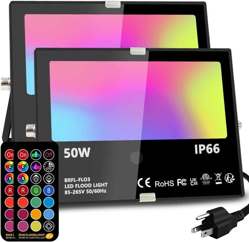 MELPO Led Flood Light Outdoor, 50W RGB Color Changing Landscape Lighting with Remote, Timing - 12 Colors - 4 Modes, IP66 Waterproof, US 3-Plug, (Pack of 2) - Image 1