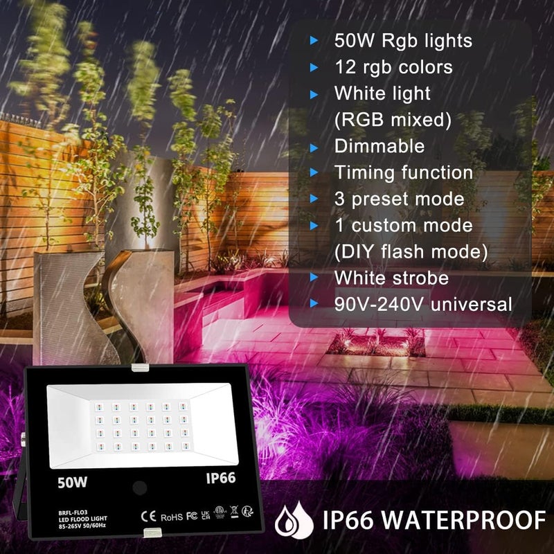 MELPO Led Flood Light Outdoor, 50W RGB Color Changing Landscape Lighting with Remote, Timing - 12 Colors - 4 Modes, IP66 Waterproof, US 3-Plug, (Pack of 2) - Image 3