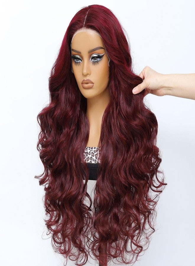 Latasha 28 Inch Red Burgundy Lace Front Wig Synthetic Blend Hair HD Transparent Wig Pre Plucked Pre Cut Deep Curly Glueless HD Lace Wigs for Black Women (99J-Body Wave) - Image 1