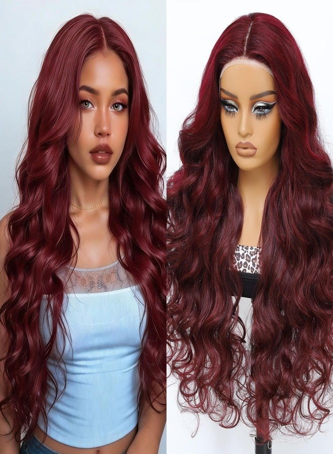 Latasha 28 Inch Red Burgundy Lace Front Wig Synthetic Blend Hair HD Transparent Wig Pre Plucked Pre Cut Deep Curly Glueless HD Lace Wigs for Black Women (99J-Body Wave) - Image 2