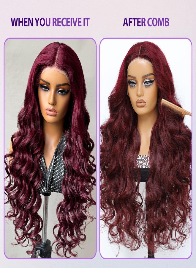 Latasha 28 Inch Red Burgundy Lace Front Wig Synthetic Blend Hair HD Transparent Wig Pre Plucked Pre Cut Deep Curly Glueless HD Lace Wigs for Black Women (99J-Body Wave) - Image 3