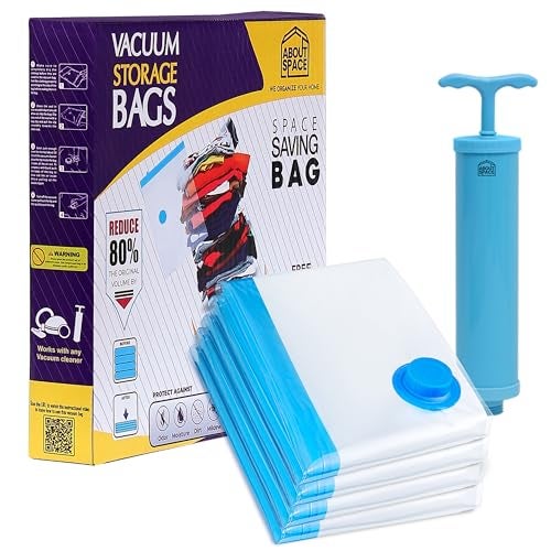 ABOUT SPACE Polyamide Polyethylene Vacuum Compression Bags (4 Pack) with Hand Pump | Small Zip Seal Compression Storage Bags | Heavy-Duty Airtight Reusable Space Saver Luggage Organizer (Blue) - Image 1