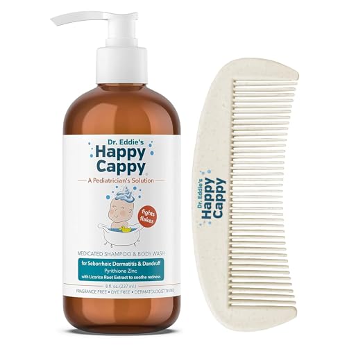 Happy Cappy شامبو وغسول الجسم الطبي هابي كابي لعلاج قشرة الرأس مع مشط - شامبو قشرة الرأس للأطفال، يساعد الرضع على علاج التهاب الجلد الدهني، يقلل من القشور، مختبر من قبل أطباء الجلد، خالي من العطور - 8 أونصات سائلة - Image 1