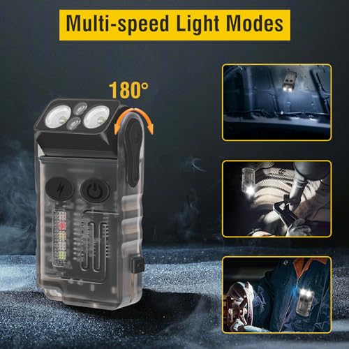 Boruit V20 Small Powerful Flashlight Super Bright with 365nm UV, Red Blue Green Warm Light, 180° Swivels, 110dB Buzzer, Mini Keychain Pocket Rechargeable LED Flashlights Usb EDC Clip Flash Light Black - Image 4