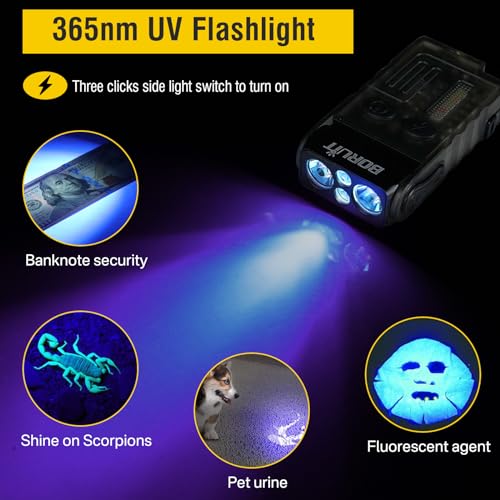 Boruit V20 Small Powerful Flashlight Super Bright with 365nm UV, Red Blue Green Warm Light, 180° Swivels, 110dB Buzzer, Mini Keychain Pocket Rechargeable LED Flashlights Usb EDC Clip Flash Light Black - Image 5
