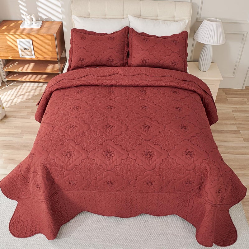 Cmfshape Floral Embroidery Quilt Set,3 Pieces Queen Quilt Bedding Set,Classic Diamond Pattern Quilts,Ultra Soft Lightweight Reversible Bedspread Coverlets for All Season(Burgundy,90"x90") - Image 4