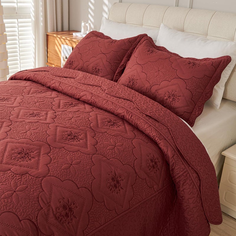 Cmfshape Floral Embroidery Quilt Set,3 Pieces Queen Quilt Bedding Set,Classic Diamond Pattern Quilts,Ultra Soft Lightweight Reversible Bedspread Coverlets for All Season(Burgundy,90"x90") - Image 5