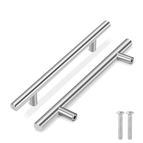 Flexzion 1 Pack Kitchen Cabinet Handles Silver Drawer Pulls 8 inch, 5 inch Hole Center, Stainless Steel T Bar with Satin Brushed Nickel, Hardware for Kitchen Cupboard Door Bathroom Furniture - Image 1