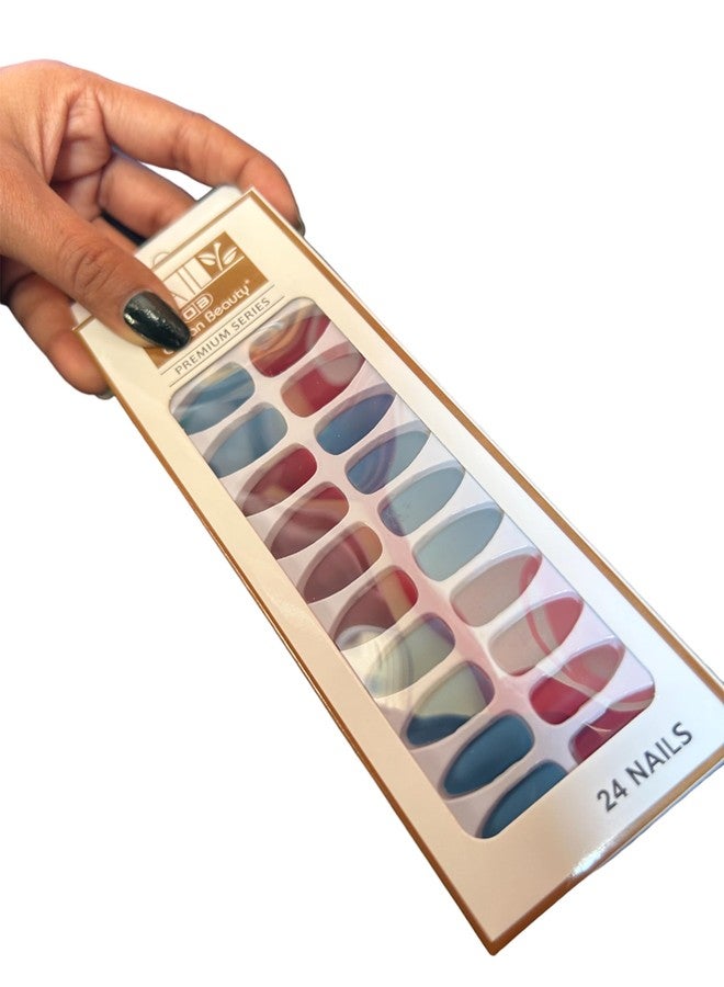 CHRONEX 24Pcs Press on Nails Sets, Short Amond Press on Nails, Matte Acrylic Fake Nails Almond Glue On Nails Press On Fake Nails for Women Girls (Not include Glue) (Pattern -1, Multi -1) - Image 5