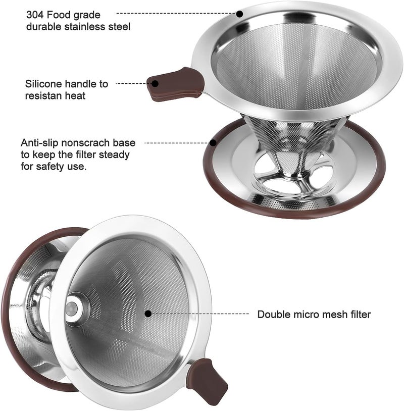 RealPero Pour Over Coffee Dripper, Reusable Paperless Coffee Filter,Professional Stainless Steel Drip Cone Brew Coffee Strainer,Upgraded Double Micro Mesh Filter with Cup Stand,1-4 Cup - Image 3