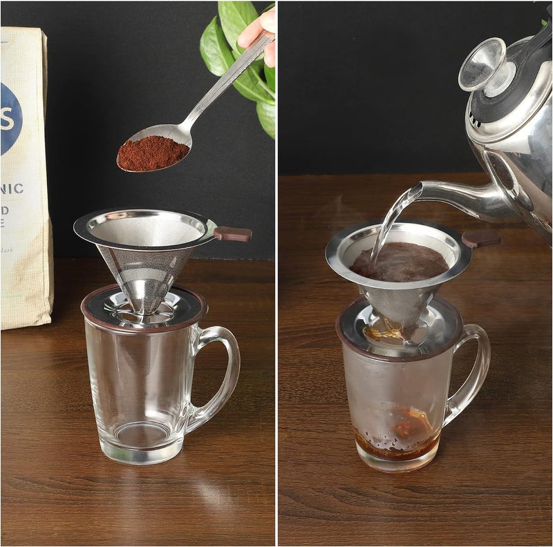 RealPero Pour Over Coffee Dripper, Reusable Paperless Coffee Filter,Professional Stainless Steel Drip Cone Brew Coffee Strainer,Upgraded Double Micro Mesh Filter with Cup Stand,1-4 Cup - Image 4