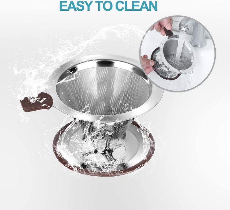 RealPero Pour Over Coffee Dripper, Reusable Paperless Coffee Filter,Professional Stainless Steel Drip Cone Brew Coffee Strainer,Upgraded Double Micro Mesh Filter with Cup Stand,1-4 Cup - Image 5