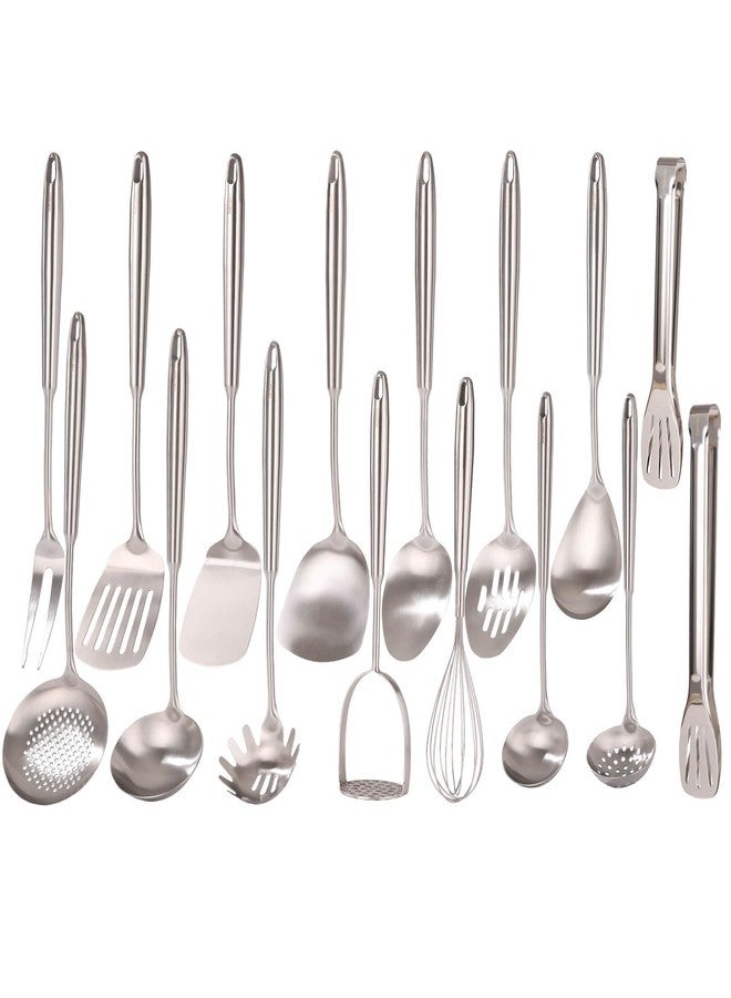 Standcn 18/10 Stainless Steel Cooking Utensils Set - 16 PCS All Metal Serving Utensils, Kitchen Tools - Whisk, Masher, Fork, Tongs, Solid/Slotted Spoon, Spatula, Turner, Ladle, Skimmer, Pasta, Large Spoon Set - Image 1