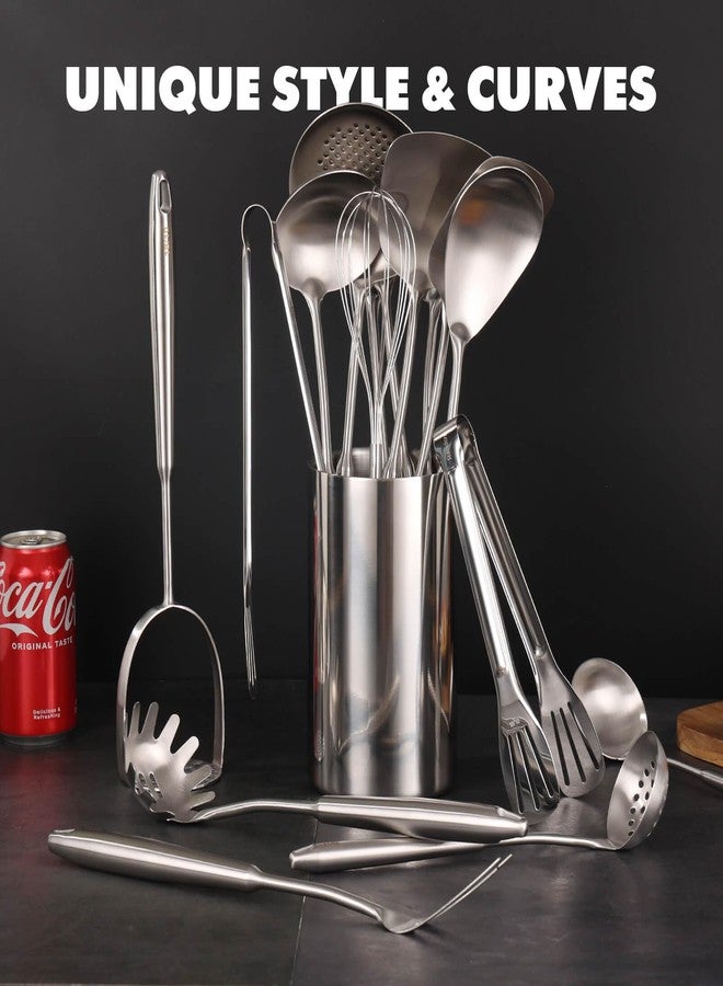 Standcn 18/10 Stainless Steel Cooking Utensils Set - 16 PCS All Metal Serving Utensils, Kitchen Tools - Whisk, Masher, Fork, Tongs, Solid/Slotted Spoon, Spatula, Turner, Ladle, Skimmer, Pasta, Large Spoon Set - Image 3