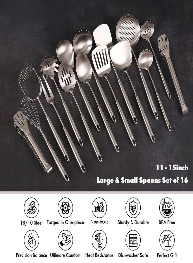 Standcn 18/10 Stainless Steel Cooking Utensils Set - 16 PCS All Metal Serving Utensils, Kitchen Tools - Whisk, Masher, Fork, Tongs, Solid/Slotted Spoon, Spatula, Turner, Ladle, Skimmer, Pasta, Large Spoon Set - Image 4