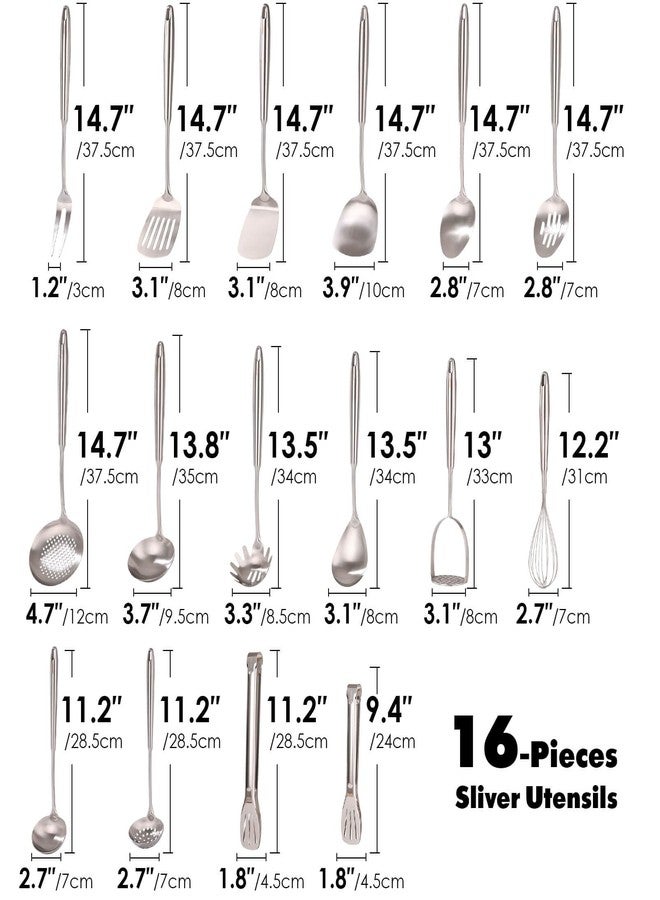 Standcn 18/10 Stainless Steel Cooking Utensils Set - 16 PCS All Metal Serving Utensils, Kitchen Tools - Whisk, Masher, Fork, Tongs, Solid/Slotted Spoon, Spatula, Turner, Ladle, Skimmer, Pasta, Large Spoon Set - Image 2