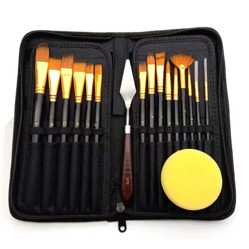 Artnery 15 Pcs Paint Brush Set Includes Canvas Bag with 1 Palette Knife and 1 Sponge for Acrylic Watercolor Brush Drawing Painting Art