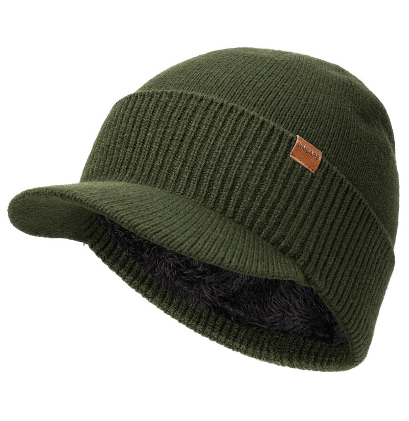 Wmcaps Mens Winter Beanie with Brim - Fleece Lined Thermal Knit Visor Hat for Cold Weather Army Green - Image 1