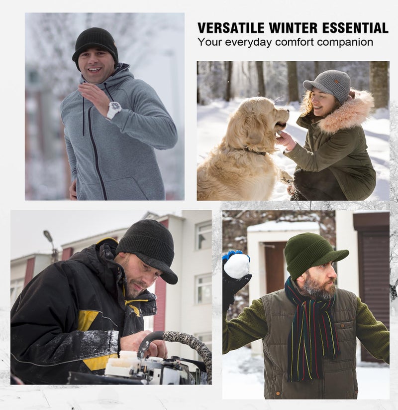 Wmcaps Mens Winter Beanie with Brim - Fleece Lined Thermal Knit Visor Hat for Cold Weather Army Green - Image 5