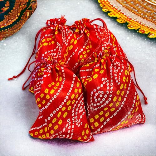 Krisah Pack of 50 pcs Potli Gift Pouches Bags, Small Size,18 cm X 12 cm, Bandhej Print, Red - Image 4