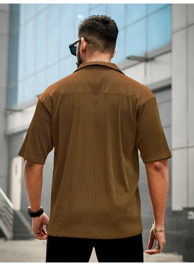 Maniac Mens Stripe Textured Collared Neck 3/4th Sleeve Brown Polyester Shirt
