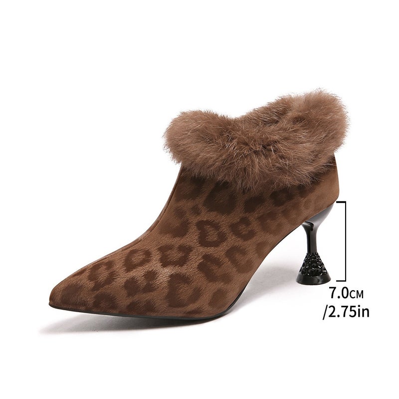Women's Boots, Leopard Print Fur Trim High Heel Fashion Boots for Women, Side Zipper Pointed Toe Large Size Slim Boots - Image 4