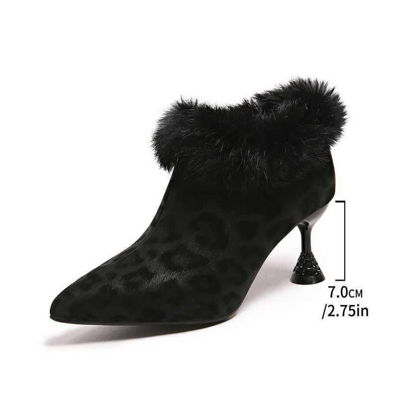 Women's Boots, Leopard Print Fur Trim High Heel Fashion Boots for Women, Side Zipper Pointed Toe Large Size Slim Boots - Image 1