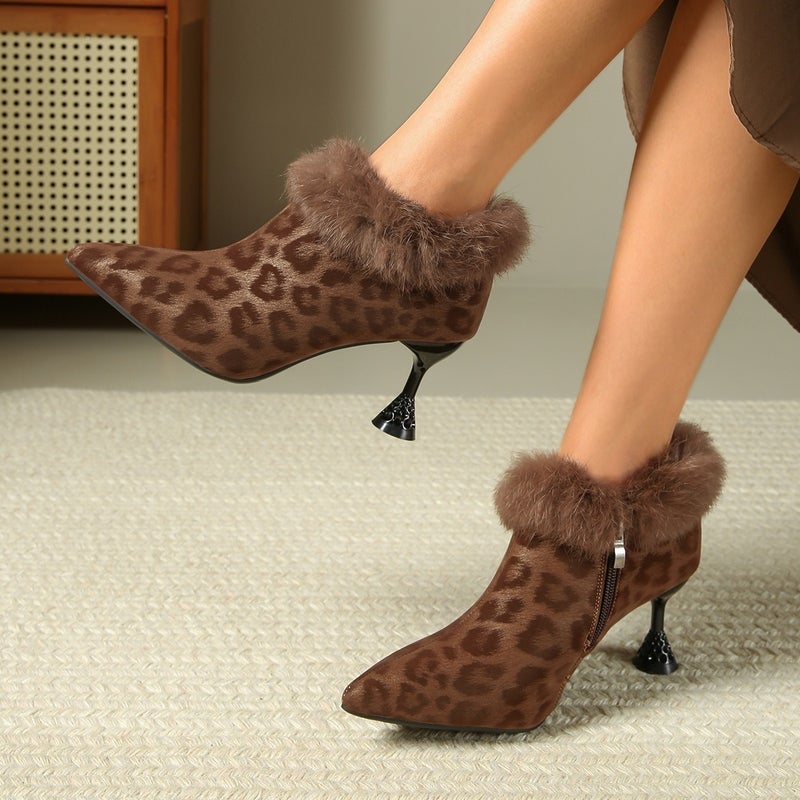 Women's Boots, Leopard Print Fur Trim High Heel Fashion Boots for Women, Side Zipper Pointed Toe Large Size Slim Boots - Image 2