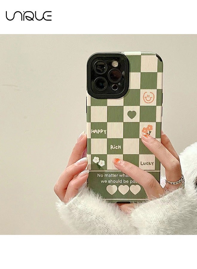 Unique Compatible with iPhone 16 Pro Max Phone Case, White and Green Checkered Illustration Phone Case, Flower Ppeach Heart Phone Case - Graffiti Phone Case - Stylish and Handsome Phone Case - TPU Drop Resistant - Image 1