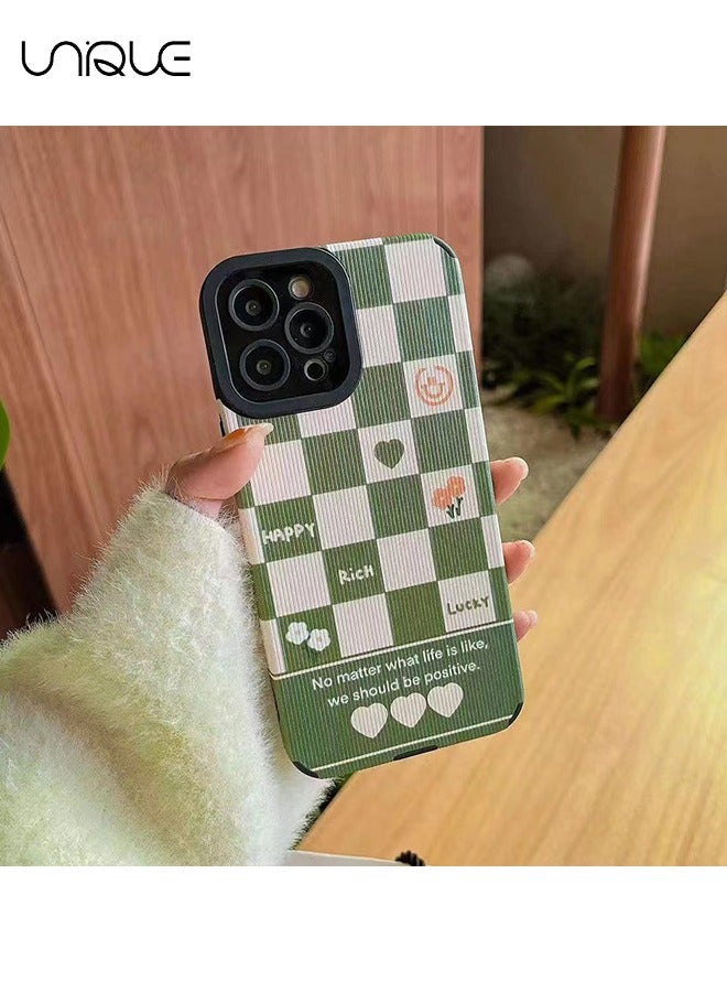 Unique Compatible with iPhone 16 Pro Max Phone Case, White and Green Checkered Illustration Phone Case, Flower Ppeach Heart Phone Case - Graffiti Phone Case - Stylish and Handsome Phone Case - TPU Drop Resistant - Image 2