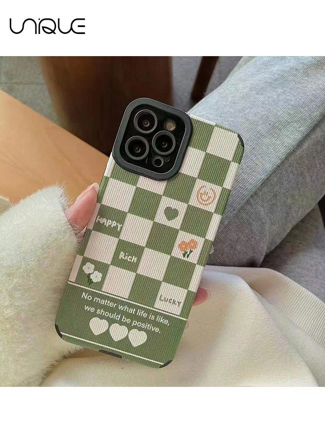 Unique Compatible with iPhone 16 Pro Max Phone Case, White and Green Checkered Illustration Phone Case, Flower Ppeach Heart Phone Case - Graffiti Phone Case - Stylish and Handsome Phone Case - TPU Drop Resistant - Image 3