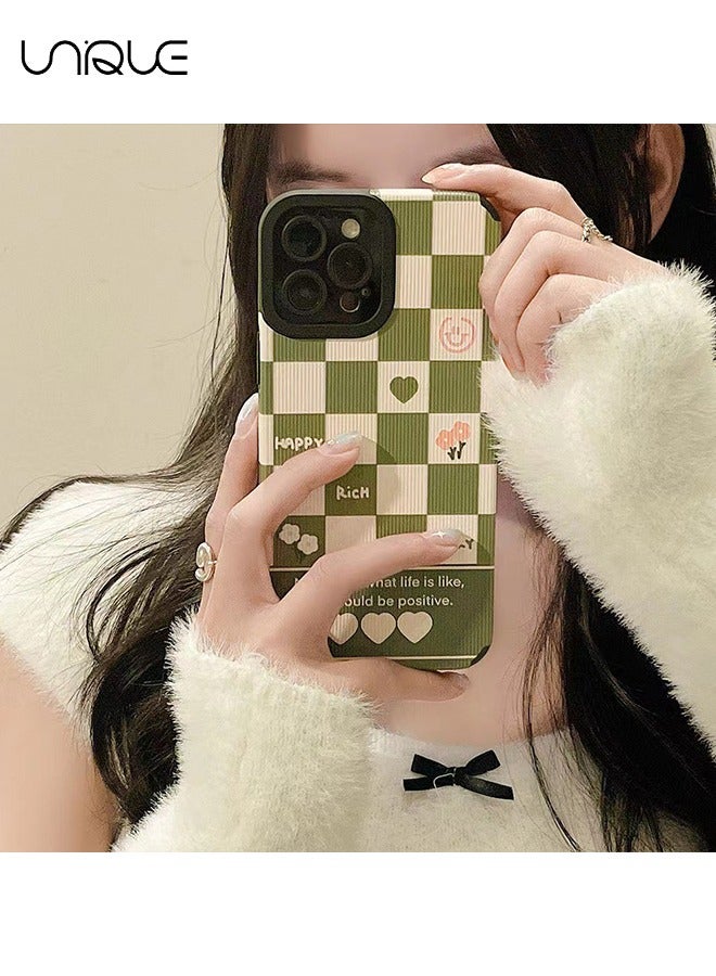 Unique Compatible with iPhone 16 Pro Max Phone Case, White and Green Checkered Illustration Phone Case, Flower Ppeach Heart Phone Case - Graffiti Phone Case - Stylish and Handsome Phone Case - TPU Drop Resistant - Image 4