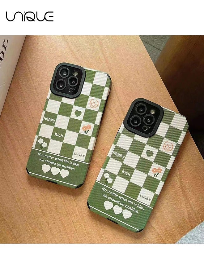 Unique Compatible with iPhone 16 Pro Max Phone Case, White and Green Checkered Illustration Phone Case, Flower Ppeach Heart Phone Case - Graffiti Phone Case - Stylish and Handsome Phone Case - TPU Drop Resistant - Image 5