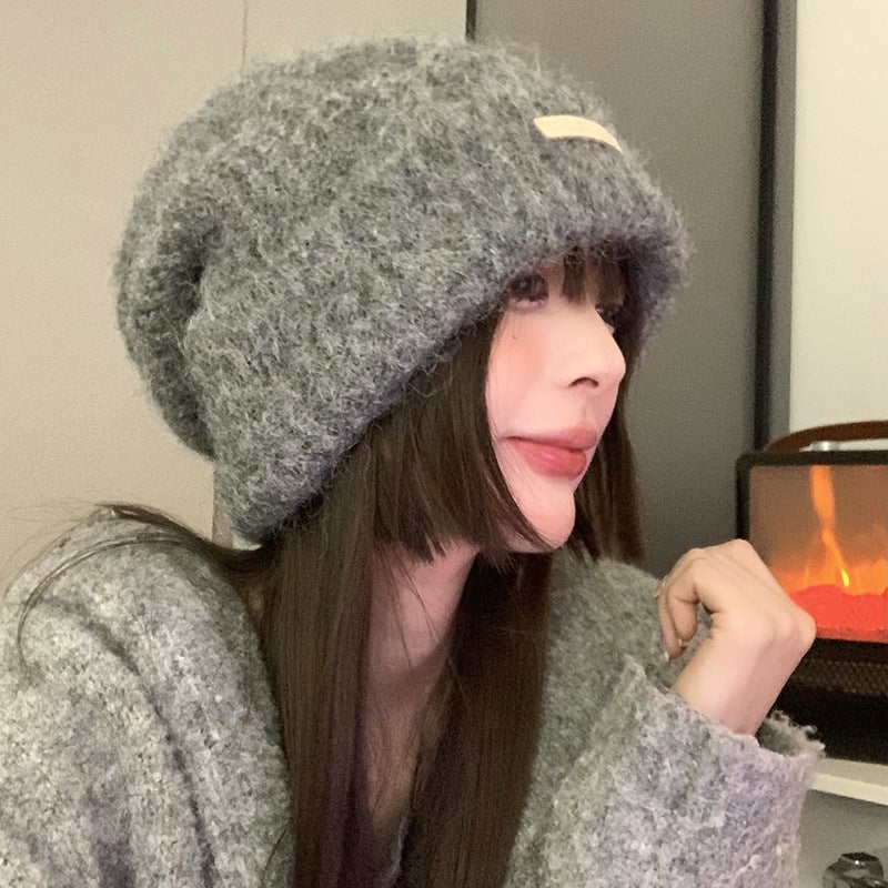 Autumn and Winter New Hats Womens Heap Hats Korean Style Showface Small Knitted Hats Loose Big Head Circumference Casual All-match Cold Hats for Men Gray (including wool pile hat)
