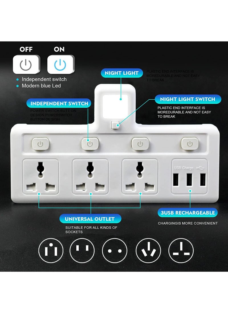 Rock Pow - Multi Plug Extension Socket with 3 USB Extender Wall with 3 Outlets and an Electrical Power Extender Outlet Adaptor for Home Office and Kitchen - Image 1