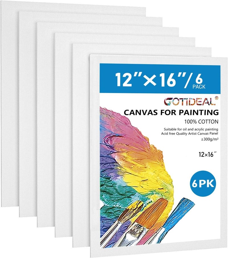 GOTIDEAL Canvases for Painting, 12x16 inch of 6 Pack, Professional Primed White Blank Flat Canvas Panels- 100% Cotton Artist Canvas Boards for Acrylics Painting, Oil Watercolor Tempera - Image 1