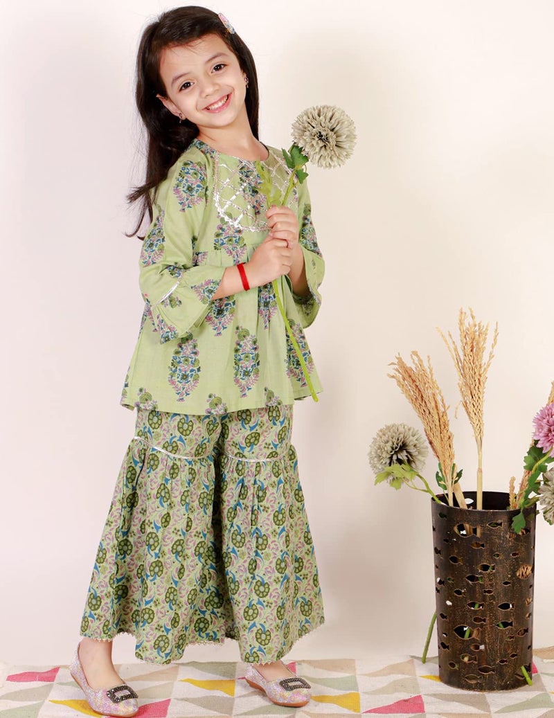 superminis Baby Girls Floral Printed Cotton Kurti Sharara Set (12-18 Months, Green) - Image 2