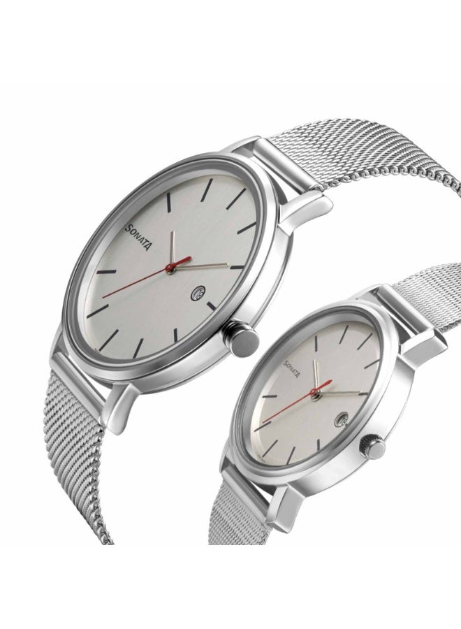 Sonata 713187029SM01 Couple's Watch Set – White Dial, Silver Stainless Steel Strap, Quartz Movement, 3 ATM Water-Resistant - Image 3