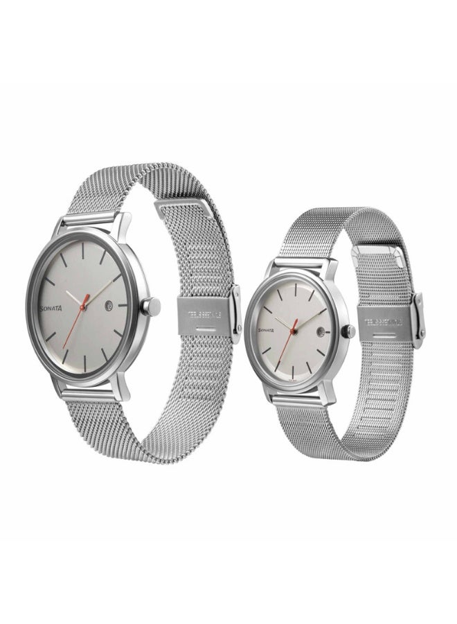 Sonata 713187029SM01 Couple's Watch Set – White Dial, Silver Stainless Steel Strap, Quartz Movement, 3 ATM Water-Resistant - Image 2