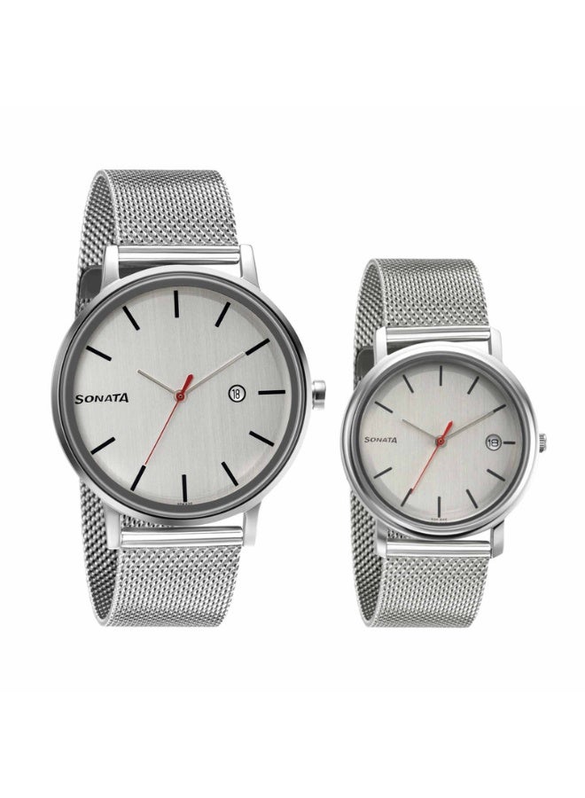 Sonata 713187029SM01 Couple's Watch Set – White Dial, Silver Stainless Steel Strap, Quartz Movement, 3 ATM Water-Resistant - Image 1