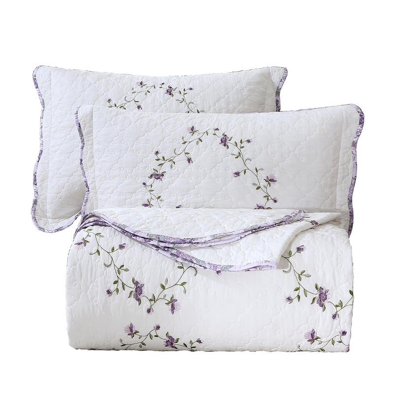 vctops 3Piece Elegant Floral Embroidered Bedspread Coverlet Set Oversize Queen 100 Cotton Reversible Patchwork 1 Quilt and 2 Pillow Shams PurpleOversize Queen