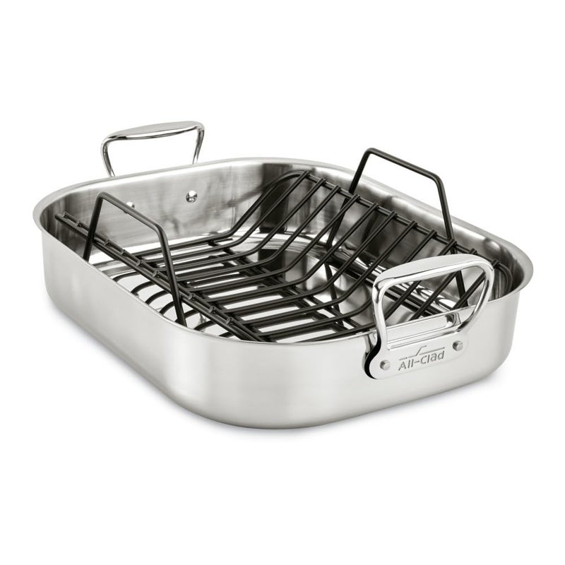 All-Clad AllClad Specialty Stainless Steel Roaster and Nonstick Rack 16x13x5 Inch Oven Broiler Safe 600F Roaster Pan Pots and Pans Bakeware Turkey Silver 