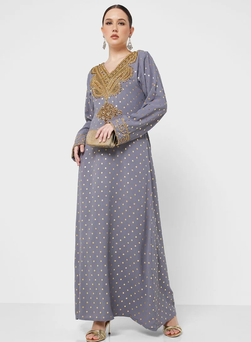 ARABIAN CLOSET Embellished V- Neck Jalabiya